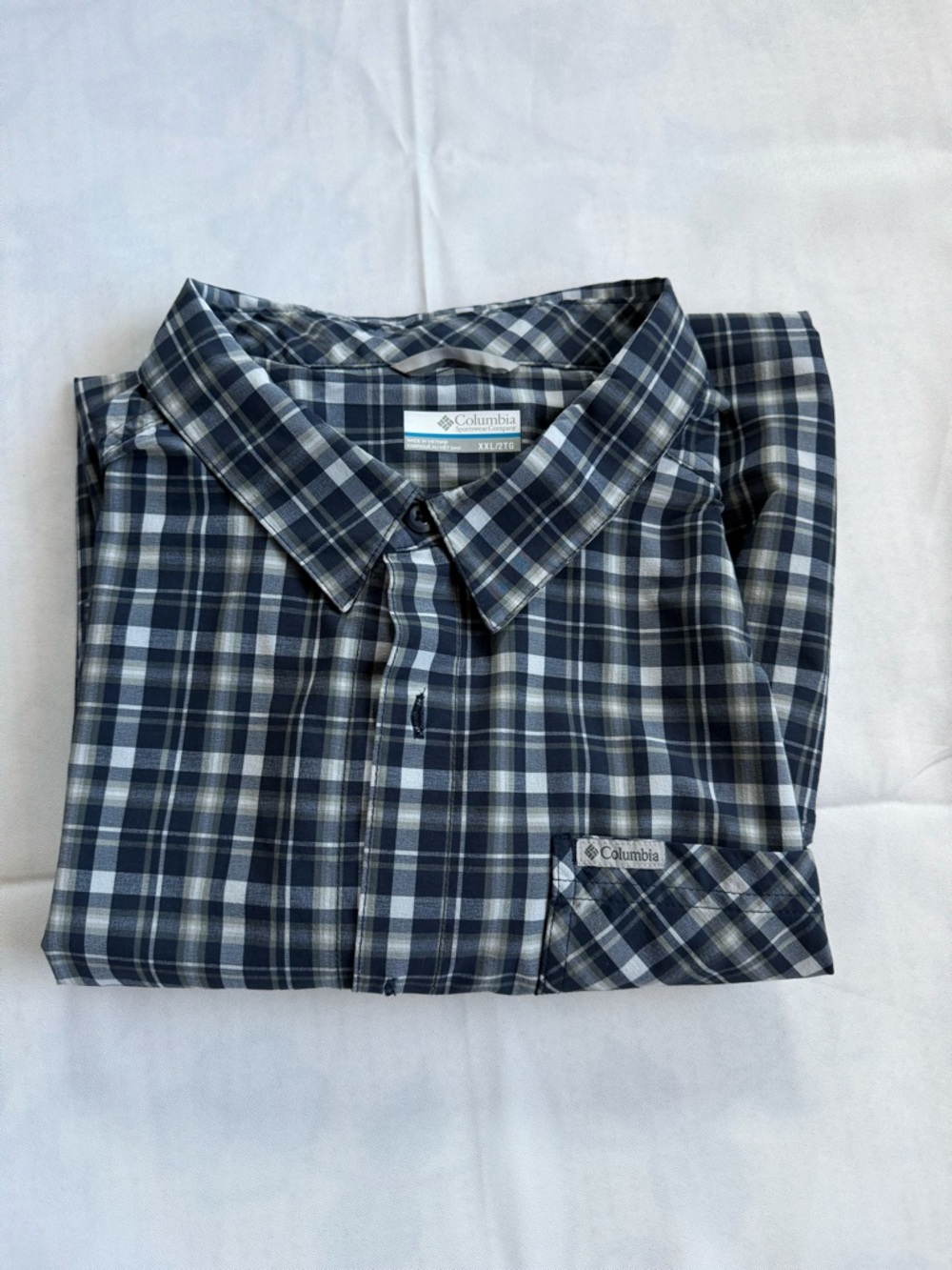 Columbia Men’s Navy and White Plaid Button-Down Shirt